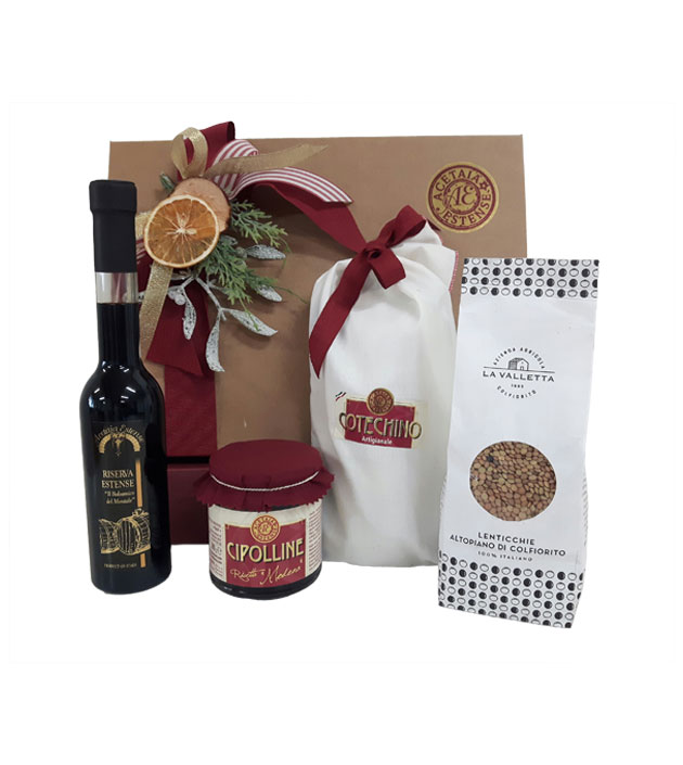 Confezione regalo con lenticchie, cotechino, cipolline borrettane e aceto balsamico di Modena