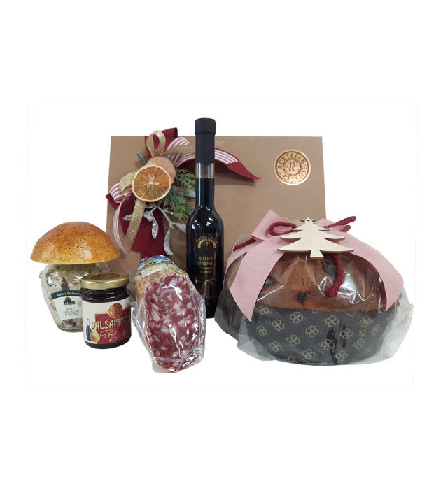 Confezione natalizia con panettone artigianale, salame, aceto balsamico di modena, riso ai funghi