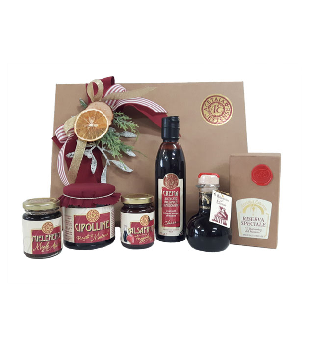 confezione regalo artigianale con prodotti tipici di Modena e Aceto Balsamico
